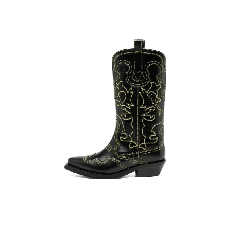 GANNI Mid Shaft Embroidered Western Boots Women's-0
