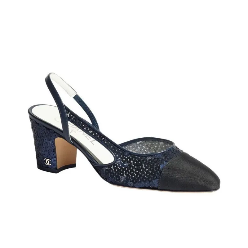 CHANEL Glitter Muslin 65mm Slingbacks Navy Grosgrain Women's-1