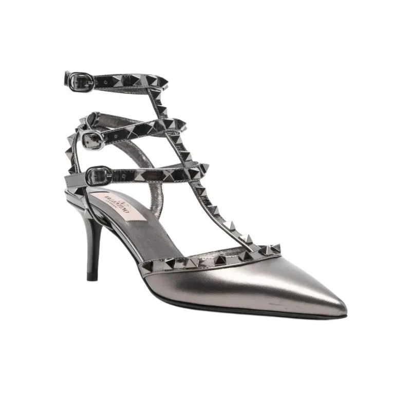Valentino Rockstud Slim Heel High Heels 7cm Women's Silver-2