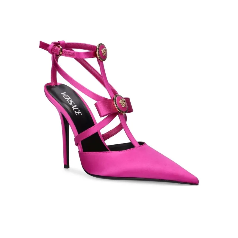 VERSACE GIANNI RIBBON Slim Heel High Heels 11cm Women's Rose Red-4