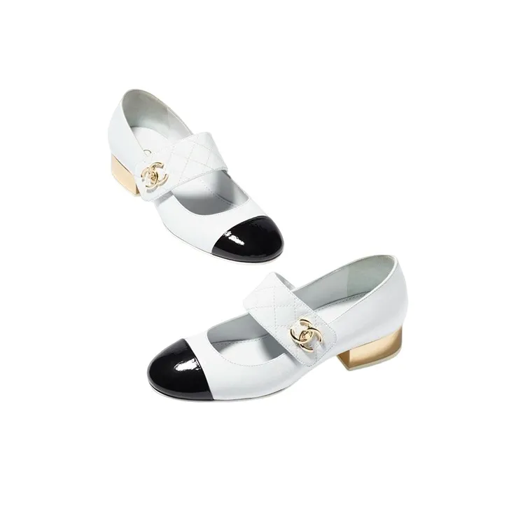 CHANEL Block Heel Mary Jane Shoes Women's Black White-2