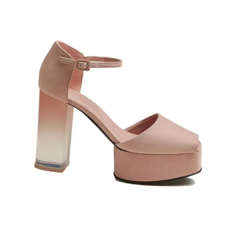 HERMES Fever Chunky Heel High Heels 7cm Women's Rose Opal-1