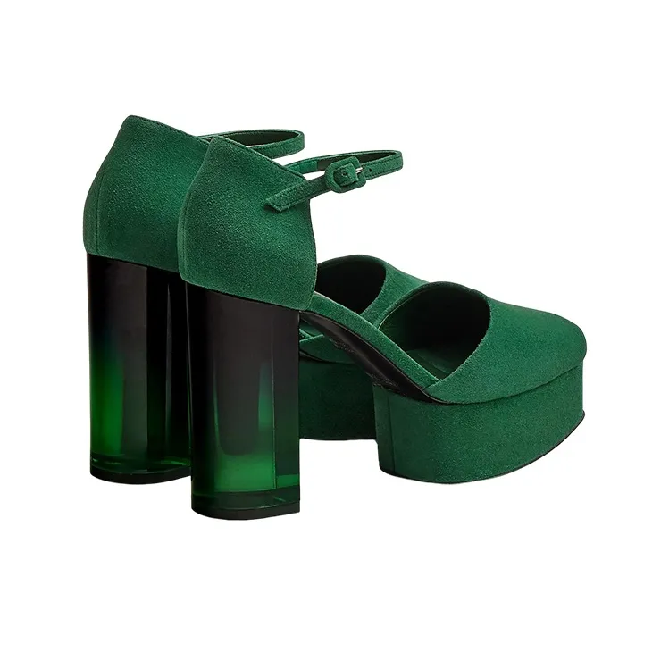 HERMES Fever 70 Chunky Heel High Heels Women's Green-4