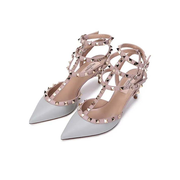 Valentino Rockstud Slim Heel High Heels Women's Gray Blue-2