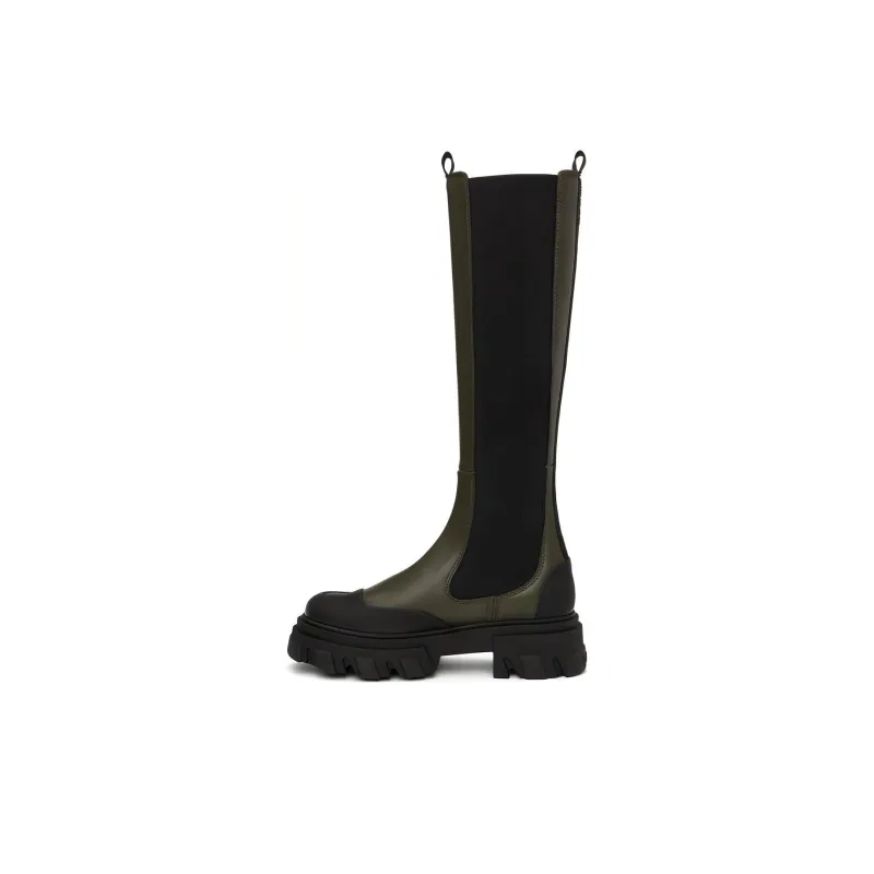 Alexander McQueen Tread Slick Knee High Boots Khaki Black Women's-0