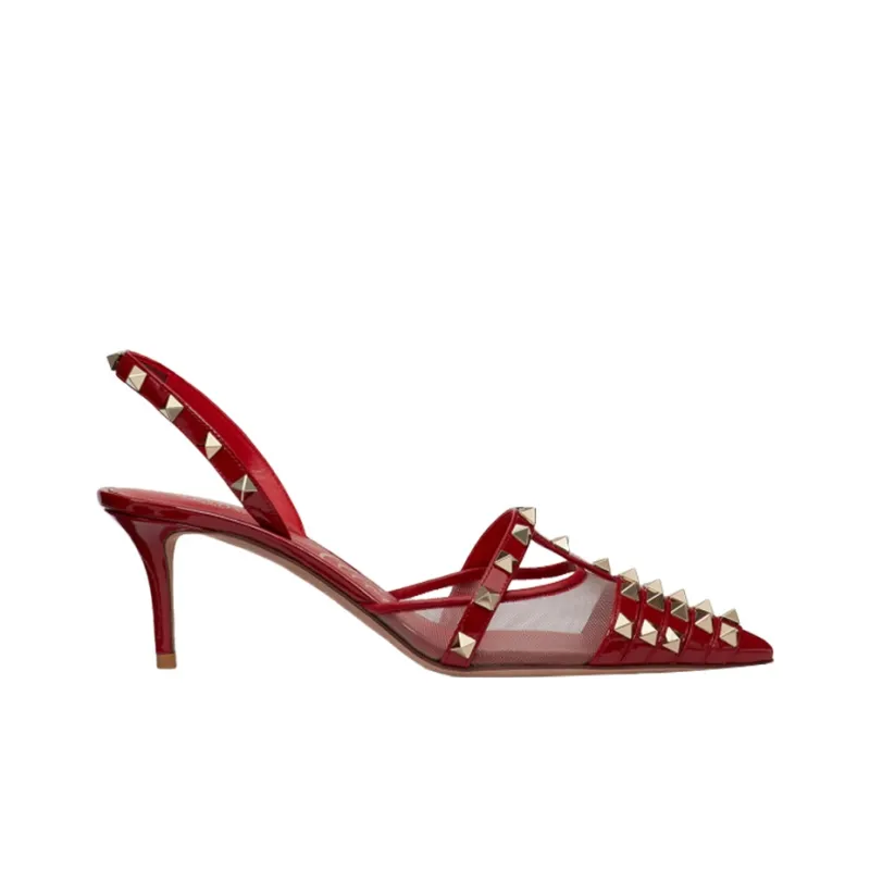 Valentino Rockstud Slim Heel High Heels Women's Red-1