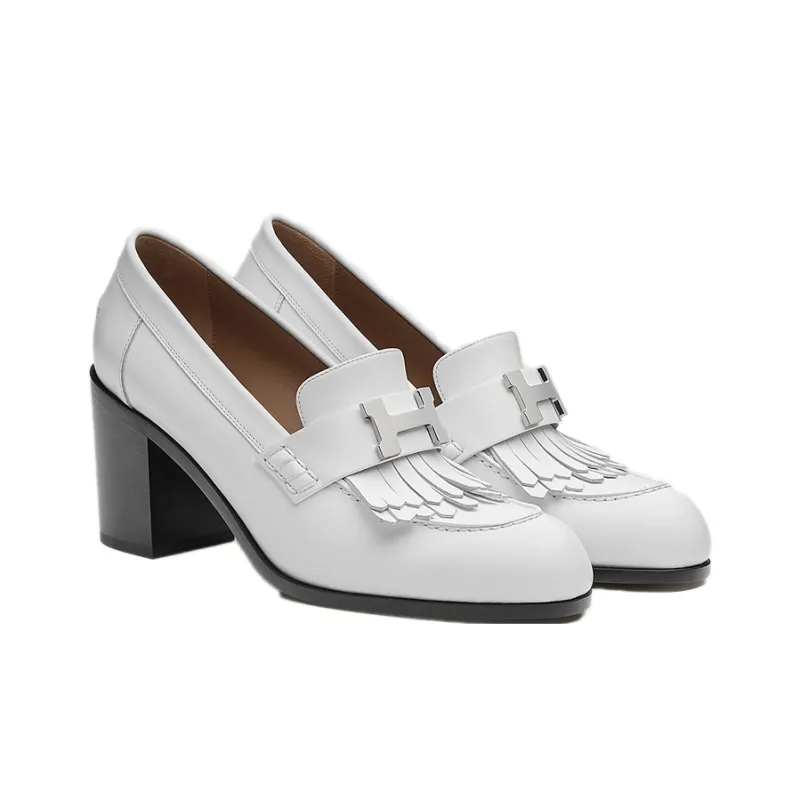 HERMES Elysee Block Heel High Heels Women's White-2