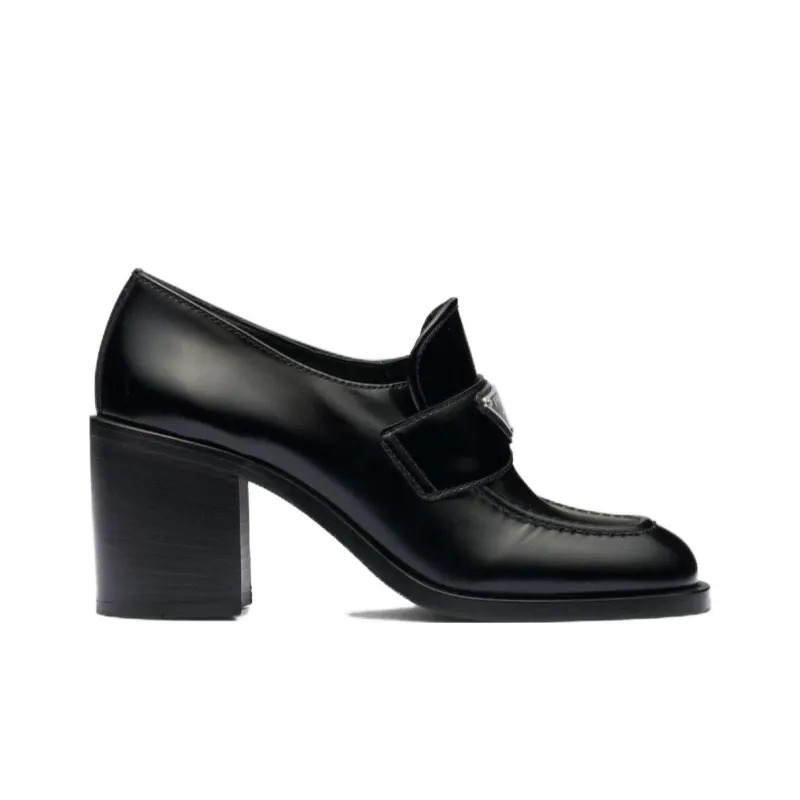PRADA Brushed Leather High heel Loafers 'Black' Women's-1