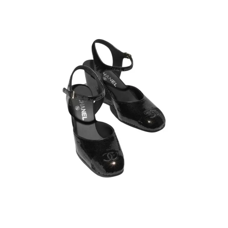 CHANEL 25C Spring Vacation Collection Wedge Heel High Heels 7.5cm Women's Black-2