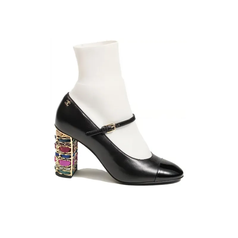 CHANEL Chunky Heel High Heels 9cm Women's Black White-1