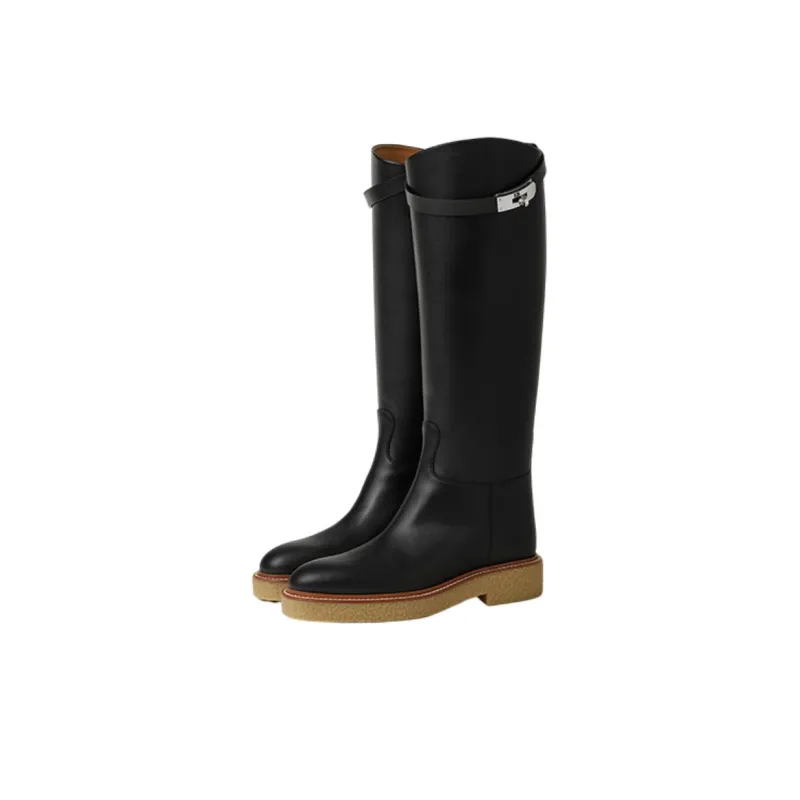 HERMES Honey Knee-high Boots Women's Black-2