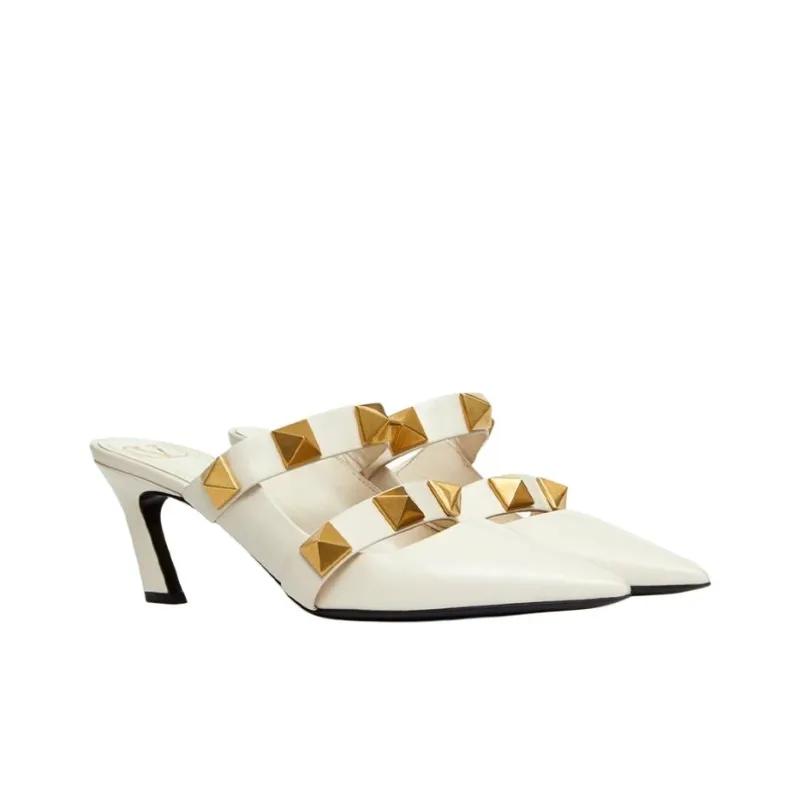 Valentino Roman Stud Block Heel High Heels 6.5cm Women's White-2