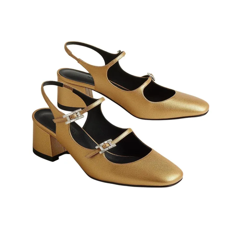 HERMES Jackie Spool Heel High Heels 6cm Women's Gold-2