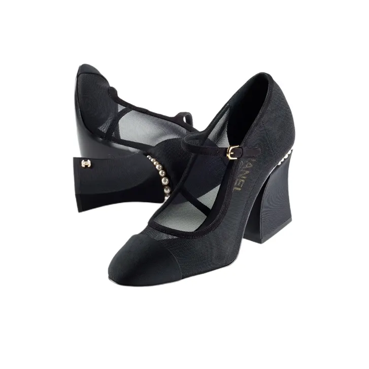 CHANEL Chunky Heel High Heels Women's Black-3