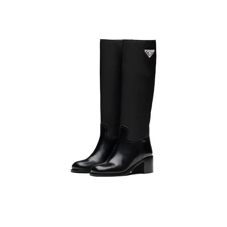 PRADA Black Brushed Leather And Re nylon Knee Boots 'Black' Women's-3