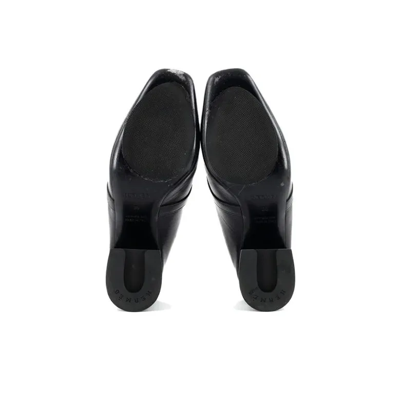 HERMES Block Heel Wrap-toe Slippers 6cm Women's Black-4
