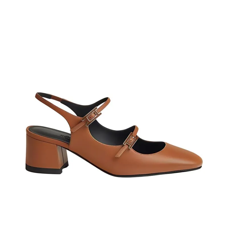 HERMES Jackie Chunky Heel High Heels 5cm Women's Brown-1