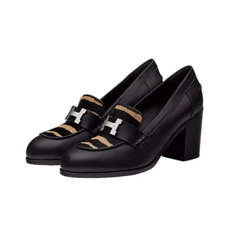 HERMES Dauphine 70 Chunky Heel High Heels 7cm Women's Black Brown-2