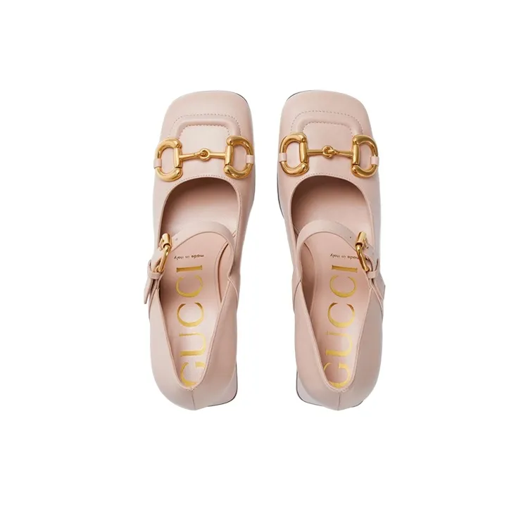 GUCCI Horsebit Strap 75mm Pump Light Pink Leather-3