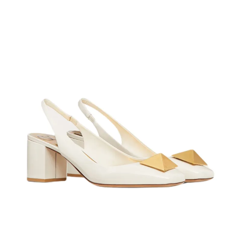 Valentino One Stud Block Heel High Heels Women's White-2