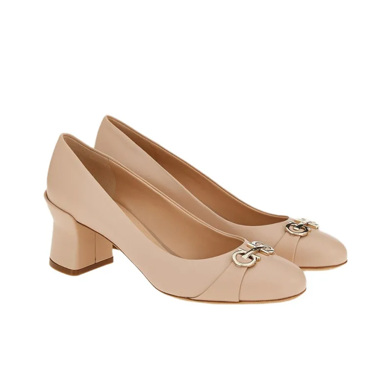 FERRAGAMO Gancini Chunky Heel High Heels 5.5cm Women's Beige-2