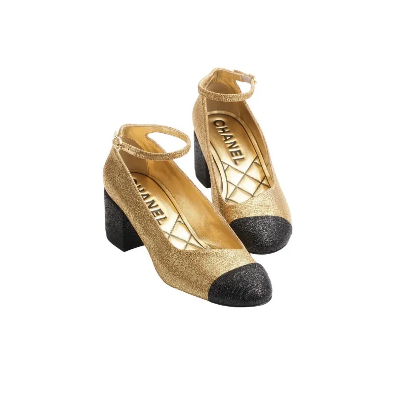 CHANEL Chunky Heel High Heels 5.5cm Women's Gold-2