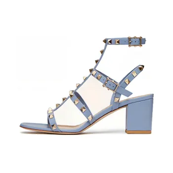 Valentino Rockstud Block Heel High Heels Women's Sky Blue