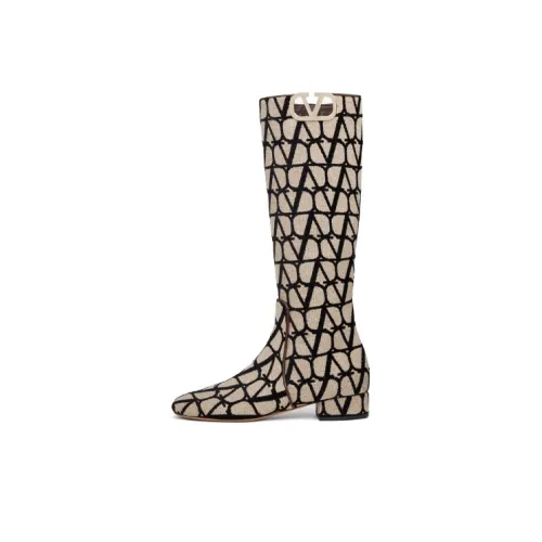 Valentino V'Logo Type Toile Iconographe Boots Beige Black Women's