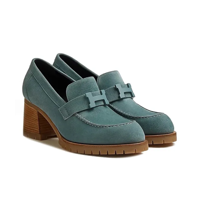 HERMES Chunky Heel High Heels Women's Blue-2