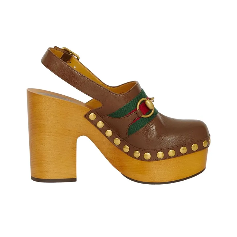 GUCCI Horsebit Chunky Heel High Heels Women's Brown-1
