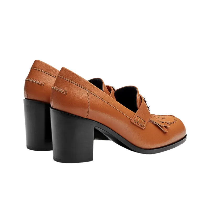 HERMES Chunky Heel High Heels 7cm Women's Brown-3
