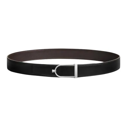 HERMES Metal Leather Belts Men's Black Width 3.2cm
