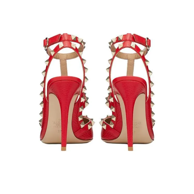 Valentino Rockstud Slim Heel Casual High Heels 11cm Women's Red-4