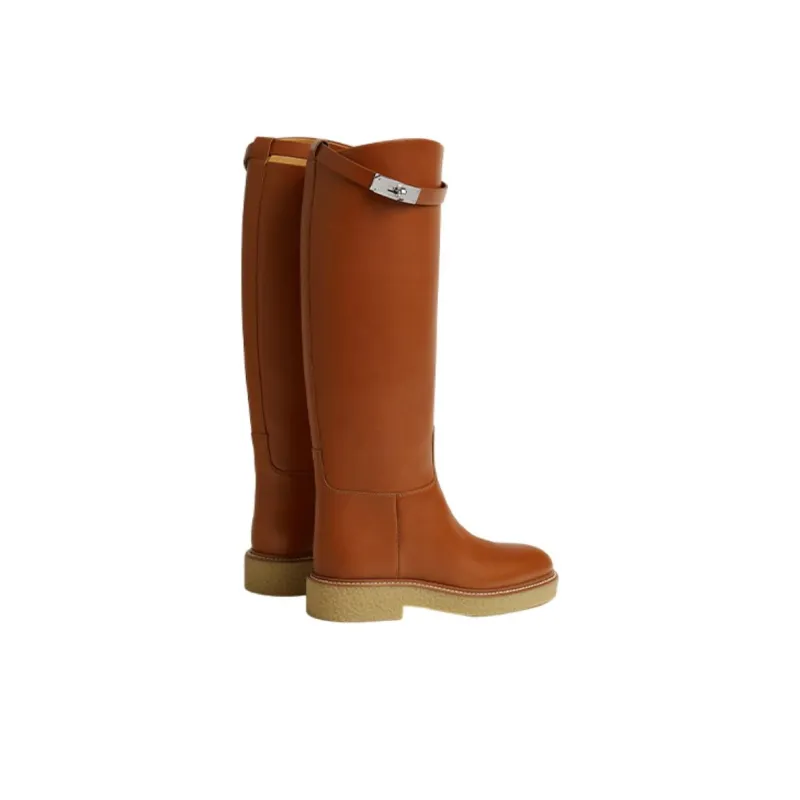 HERMES Honey Knee high Boots Women's Brown-4
