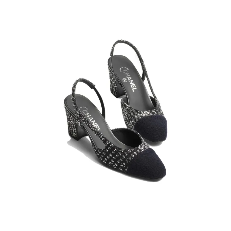 CHANEL Chunky Heel High Heels 6.5cm Women's Black Silver Blue-2