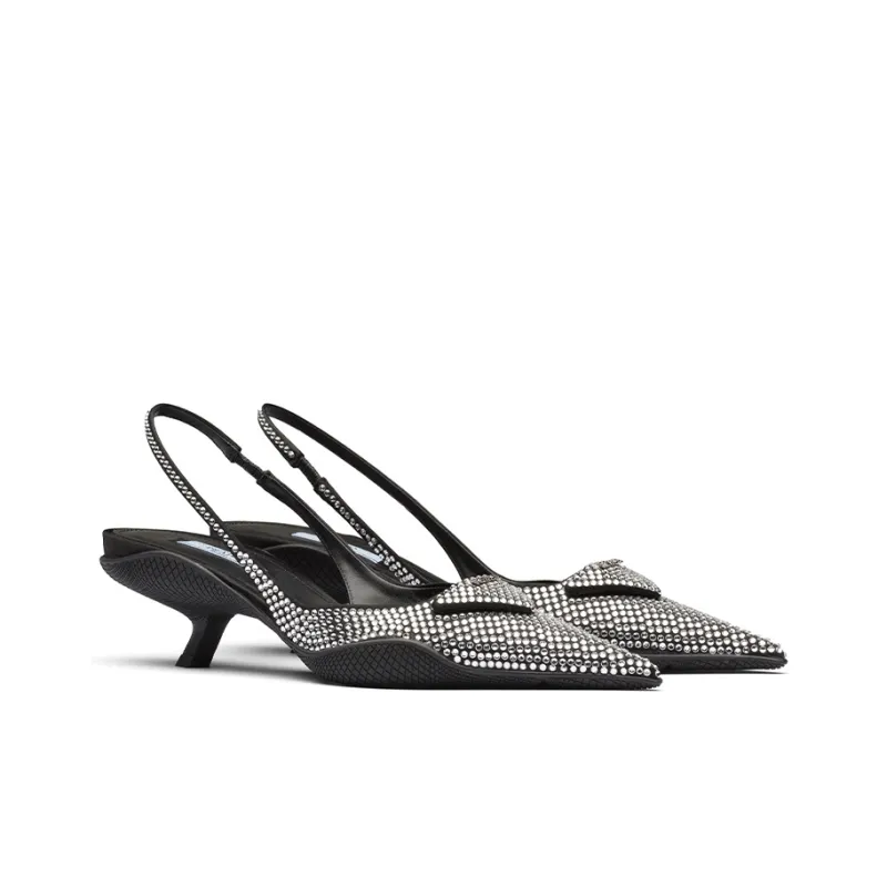 PRADA 30mm Crystal Sling Back Pumps Black Satin-2
