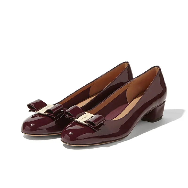 FERRAGAMO Vara Chunky Heel Bowknot High Heels 3.5cm Women's Burgundy-1