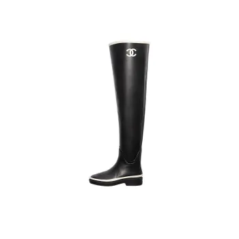 CHANEL Thigh High Rubber Rain Boots Black Women's