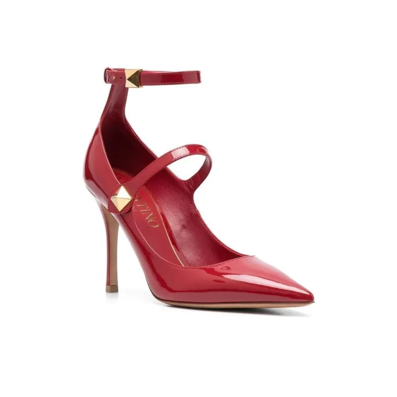 Valentino Rockstud Slim Heel High Heels Women's Red-2