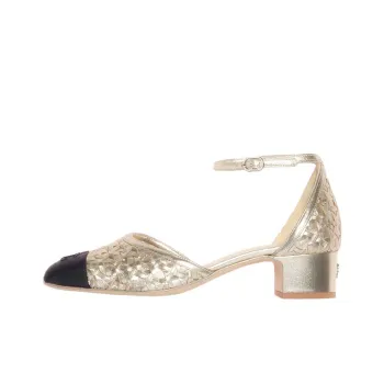 CHANEL Chunky Heel High Heels 4cm Women's Black Gold