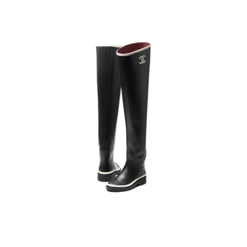 CHANEL Thigh High Rubber Rain Boots Black Women's-3