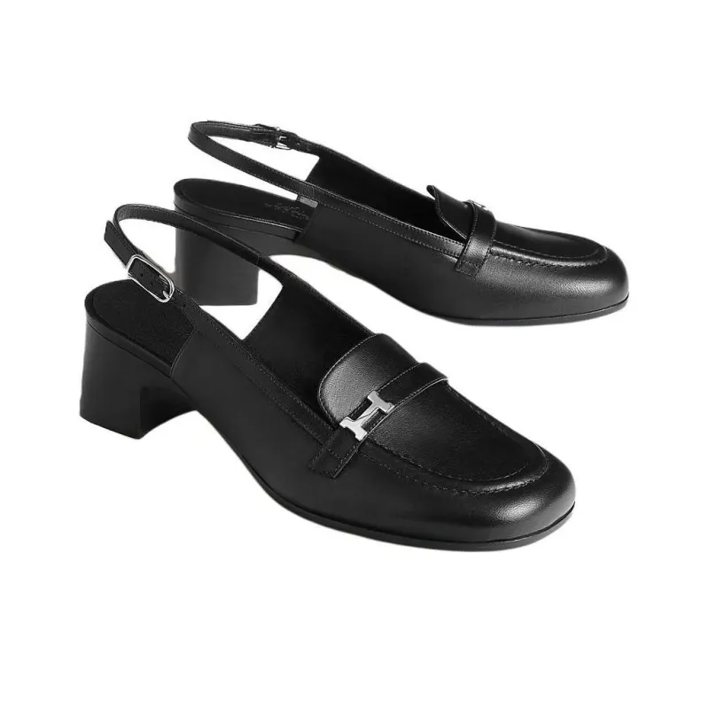 HERMES Chunky Heel High Heels 5cm Women's Black-2
