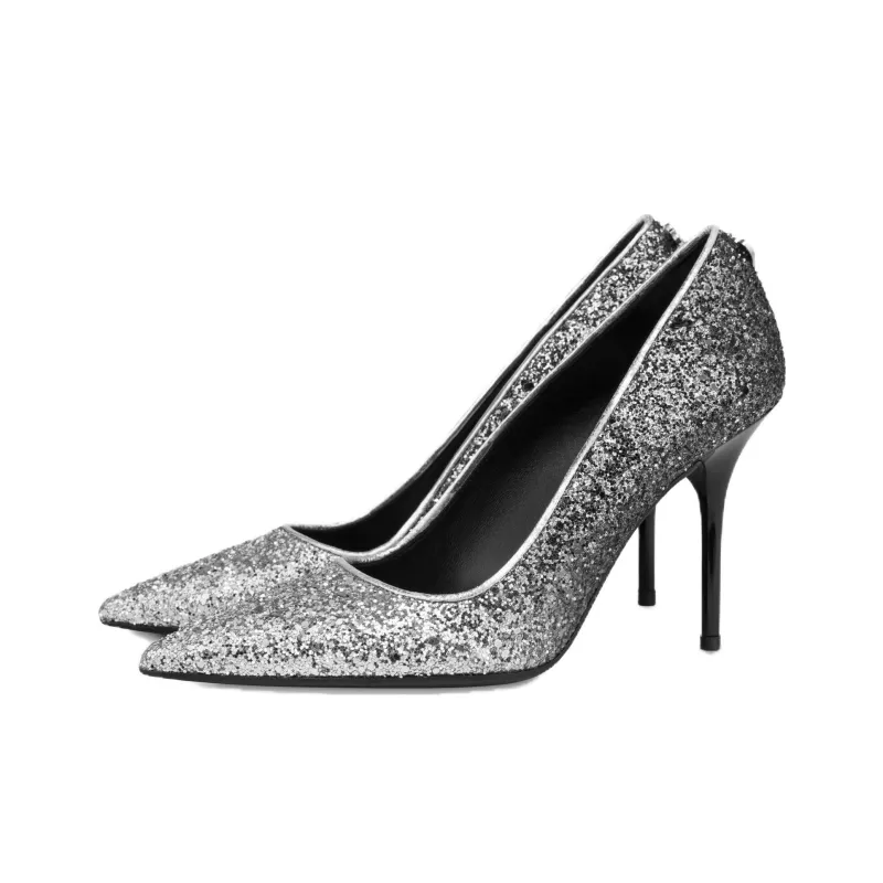 LOVE MOSCHINO Slim Heel High Heels 9.5cm Women's Sequins Silver-2