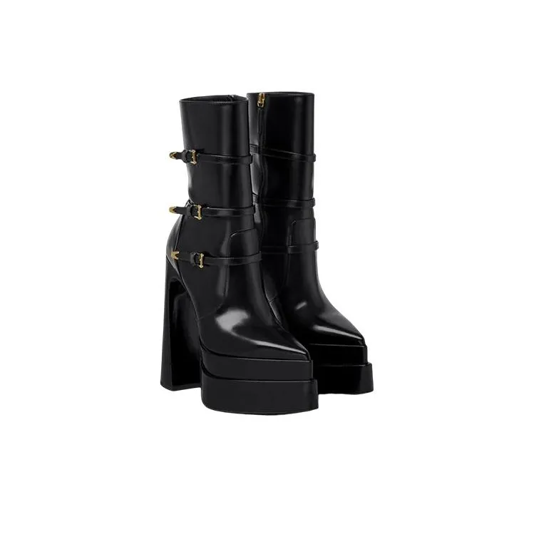 VERSACE Medusa Aevitas 165mm Pointy Platform Booties Black Patent Leather-2