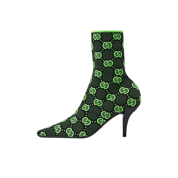 GUCCI Gg 75mm Knit Ankle Boots Black Fluorescent Yellow Fabric Women's-0