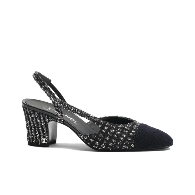 CHANEL Chunky Heel High Heels 6.5cm Women's Black Silver Blue-1