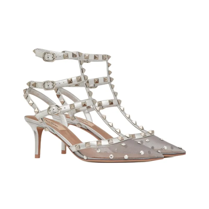Valentino Rockstud Slim Heel High Heels 6.5cm Women's Silver-2