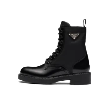 PRADA Women's Brushed Leather And Re Nylon Ankle Boot 'Black'