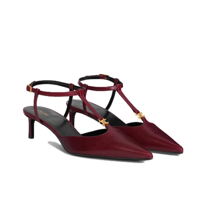 CELINE Triomphe KITTEN Slim Heel High Heels 5cm Women's Red-2