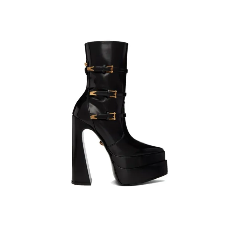 VERSACE Medusa Aevitas 165mm Pointy Platform Booties Black Patent Leather-1